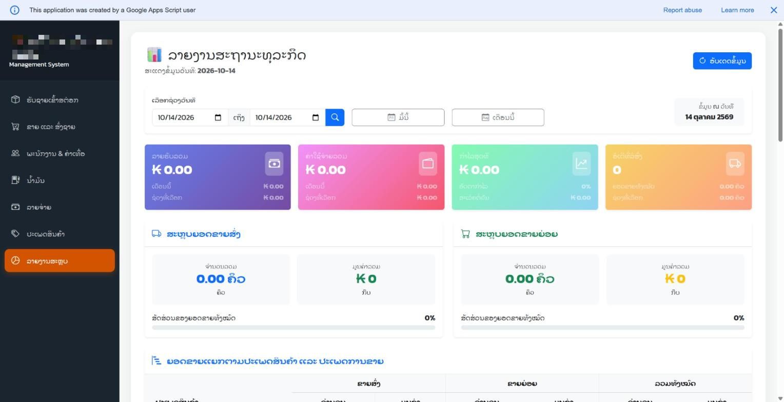 หน้ารายงานสรุปธุรกิจภาษาลาว แสดงการ์ดรายรับ รายจ่าย กำไร และตารางยอดขายตามประเภทสินค้า
