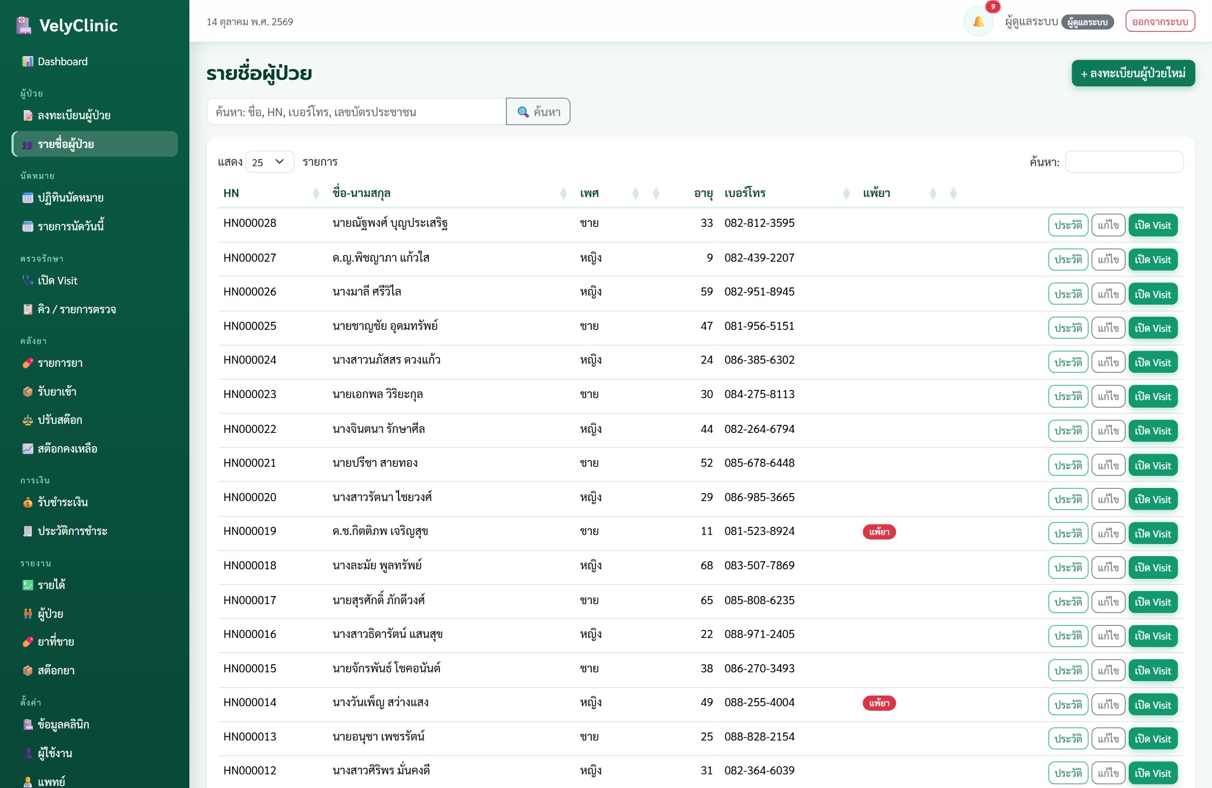 หน้ารายชื่อผู้ป่วย พร้อมช่องค้นหาและตารางที่กรอง เรียง แบ่งหน้าได้